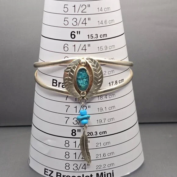 VTG Southwestern Sterling Silver Bracelet 6.75" Crushed Turquoise Feather Charm - Picture 15 of 15